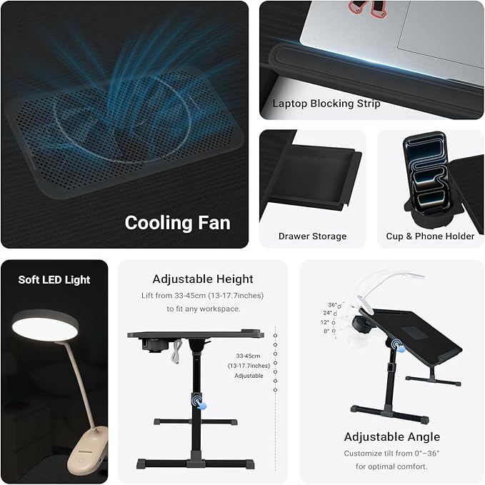iXTRA Laptop Lap Desk with Cooling Fan - Adjustable Bed Desk with Light, Bed Table with Cup Holder&Phone Holder - Storage Drawer Desk - Folding Bed Desk,Black,70x45cm
