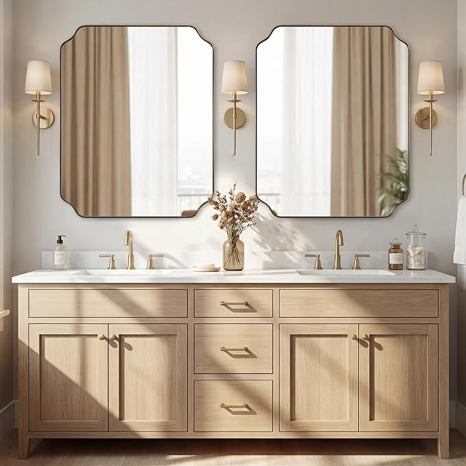 ANDY STAR 28"x36" Brushed Brass Bathroom Mirror, Scalloped Mirror for Bathroom, Champagne Bronze Mirror in Anti-Rust Stainless Steel Thin Frame, Wall Mount Vertical or Horizontal