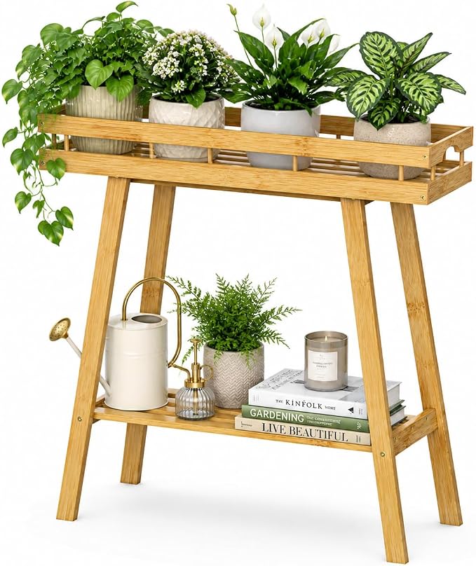 BAMBANG Bamboo Plant Stand Indoor, 2 Tier Small Plant Table, Tall Plant Stand for Indoor Plants, Window Sill Plant Shelf, Flower Pot Holder Plant Bench Plant Rack for Living Room, Natural