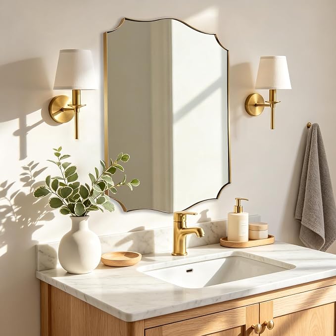 ANDY STAR 20"x30" Gold Vanity Mirror, Bathroom Mirrors for Wall, Antique Champagne Bronze Mirror in Rustproof Stainless Steel Thin Frame, Elegant Curved Scallop Design, Ideal for Home Remodel