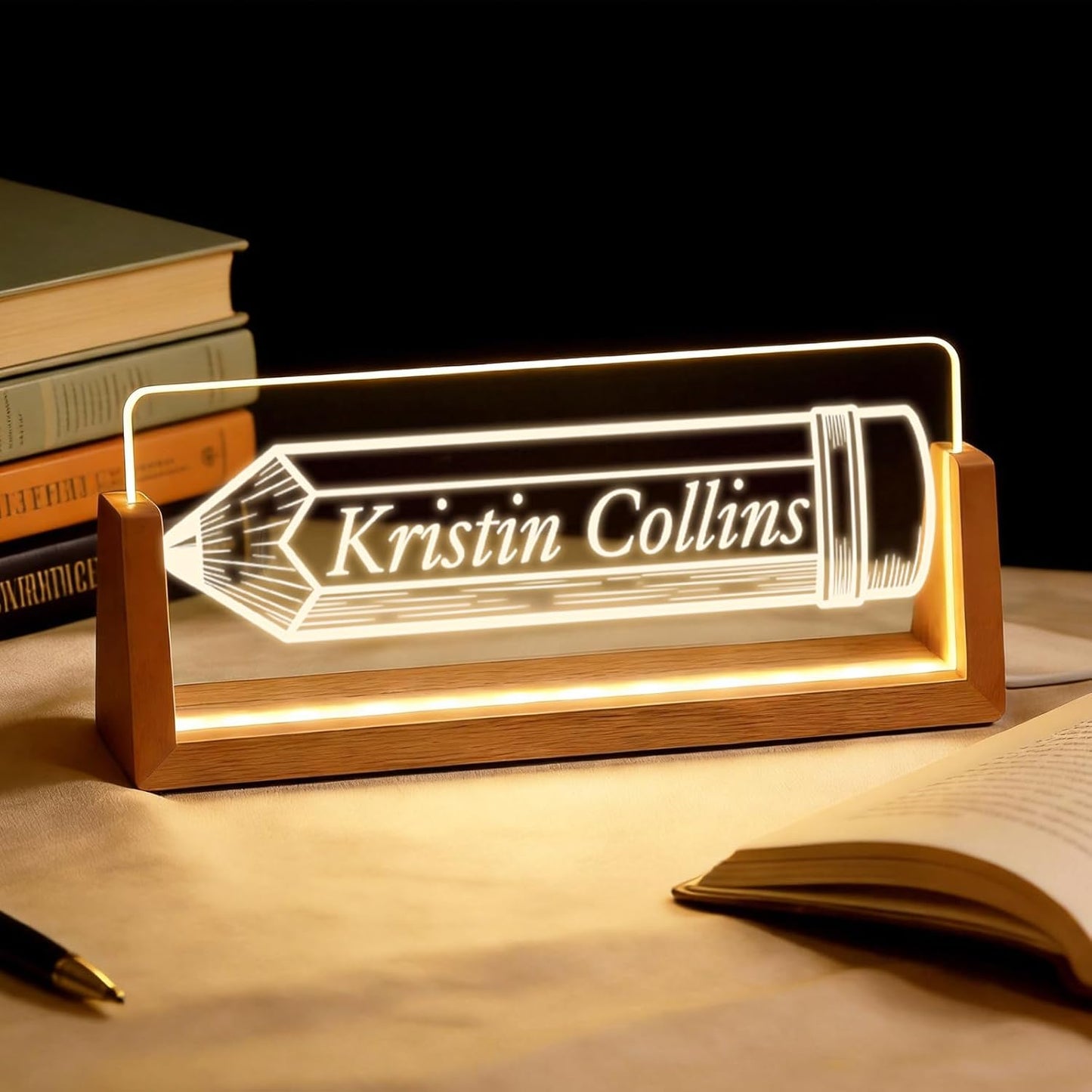 Skiennix Personalized Light Up Acrylic Desk Name Plate - Custom Walnut Base Office Gift (Pencil)