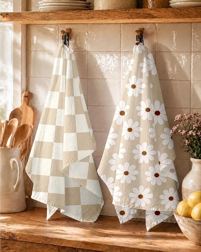 Miss Adola 2 Pack Flour Sack Kitchen Towels - 16x26 Inch Cotton Dish Towels with Hanging Loop Reusable Geometric Boho Modern Retro Tea Towel Absorbent Dishcloths Home Decor, Beige Checkered Flower