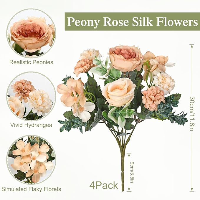 4 Bundles Champagne Peonies Artificial Flowers Silk Flower Centerpieces for Tables Fake Flower Arrangements Mixed Roses Hydrangea with Stems for Wedding Bridal Bouquets Home Table Decor