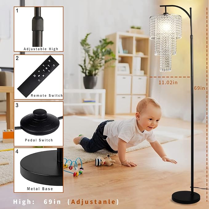 ZECOXOL Arc Floor Lamp for Living Room Modern Floor Lamp with Remote Control,Dimmable Crystal Floor Lamps Black Standing Lamp with 10 Color Temperature Tall Chandelier Floor Lamps for Bedroom Corner