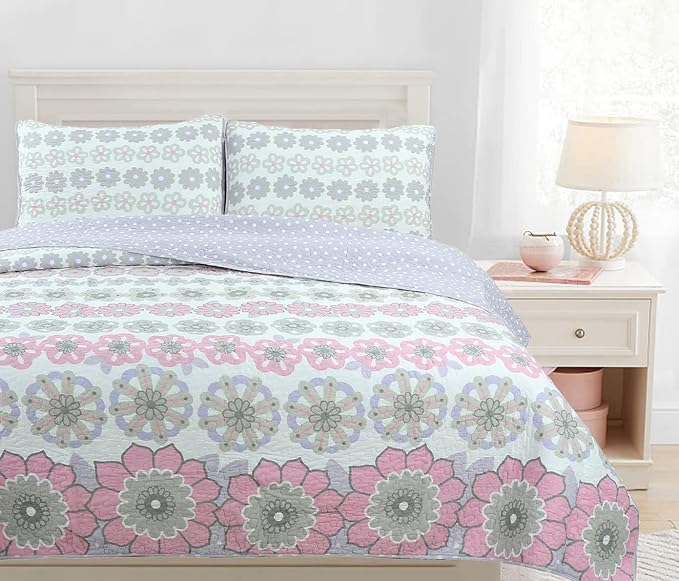 Cozy Line Home Fashions Whimsical Purple Lavender Pink Floral 100% Cotton Girls Reversible Quilt Bedding Set, Bedspread, Coverlet (Lilac Bloom, Twin - 2 Piece)
