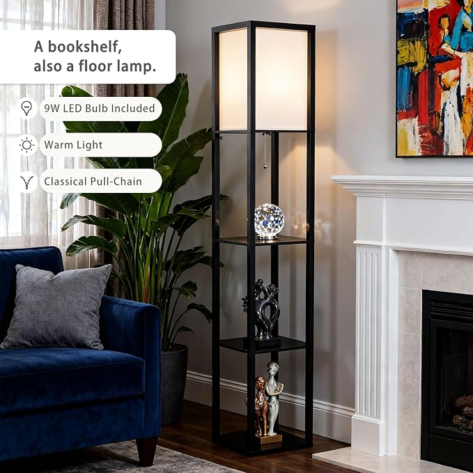 Floor Lamp with Shelves, Modern Square Shelf Lamp for Living Room, Corner Standing Lamp with Shelves for Bedroom, Office, Display Shelves with Light, Home Decor