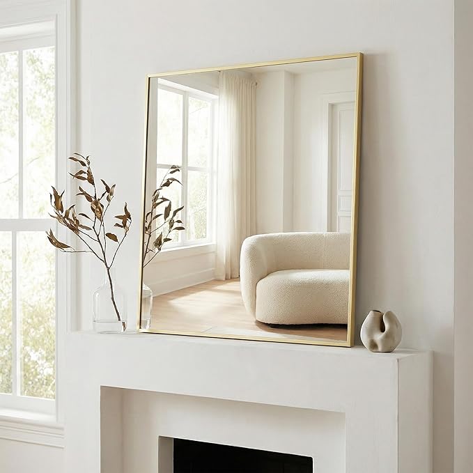 36"x36" Square Gold Bathroom Mirror, Shatterproof Tempered Glass, Brass Tone Large Geometric Mirror, Ultra-Flush Wall-Mounted
