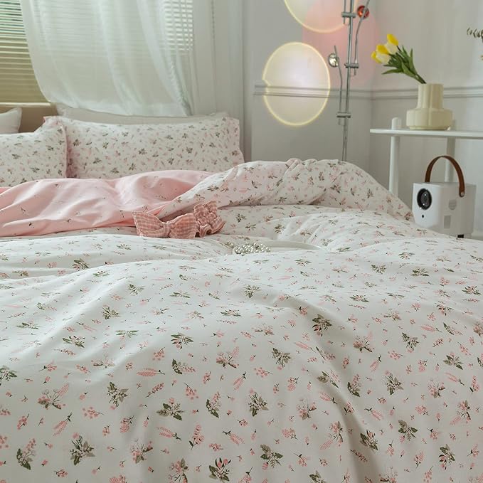 Floral Girls Duvet Cover Full Size 100% Cotton Pink Floral Duvet Cover Chic Garden Style Botanical Flower Bedding Set Lightweight Soft Aesthetic Floral Comforter Cover with 2 Pillowcases, No Comforter