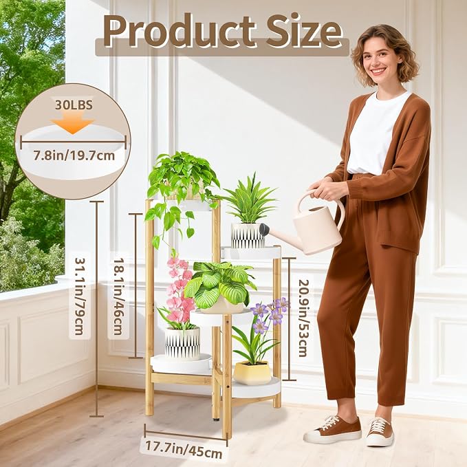 LASZOLA Bamboo White 5 Tier Heavy Duty Plant Stand Indoor, Tall Multiple Level Vertical Planter Rack for Modern Narrow Corner, Slim Spiral Flower Holder Organizer Display for House Decor, Plastic Tray