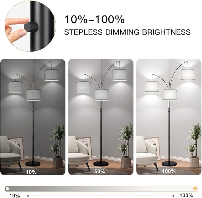 Dimmable Floor Lamp, 3 Lights Black Arc Floor Lamp, Modern Tall Standing Tree Lamp with Grey Linen Shades & Heavy Base, 3000LM LED Bulbs, Bright Lighting for Living Room, Bedroom, Office & Reading