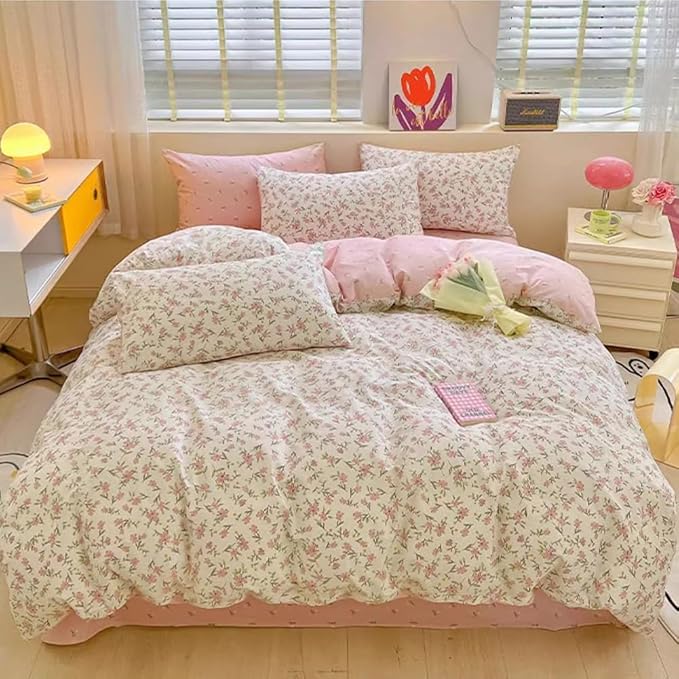 Girls Pink Floral Duvet Cover Twin XL Soft 100% Cotton Aesthetic Flower Bedding Set Vintage Botanical Comforter Cover Breathable Cottagecore Bedding Set 1 Twin XL Duvet Cover with 2 Pillowcases