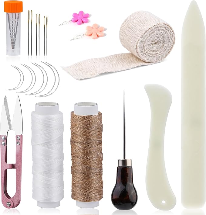 JUPEAN Book Binding Kits 24 Pcs Bookbinding kit Bookbinding Supplies with Bone Folders Tool Binding Ribbon Waxed Thread for Beginners
