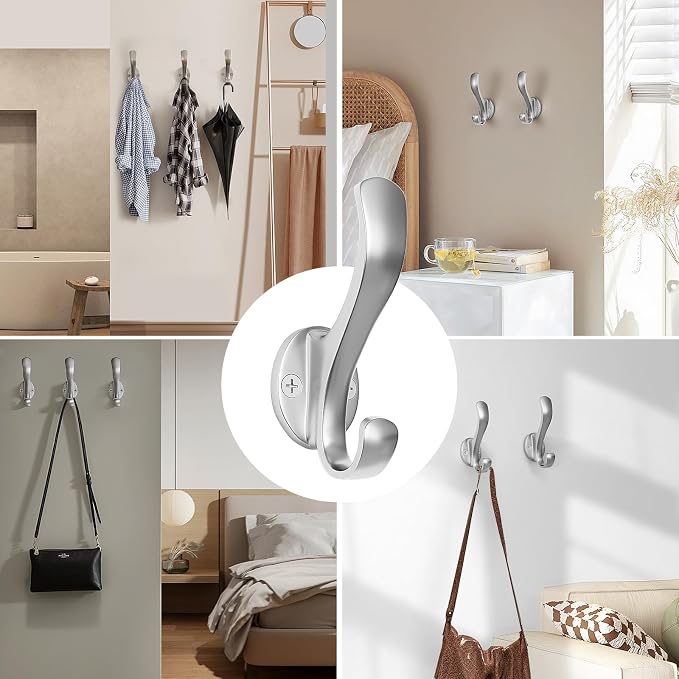 Coat Hooks Heavy Duty - Easy to Install Metal Towel Hooks Fashionable Wall Hooks for Hanging Hat, Towel, Key, Robe, Scarf, Bag, Cap (4 PCS Silver)