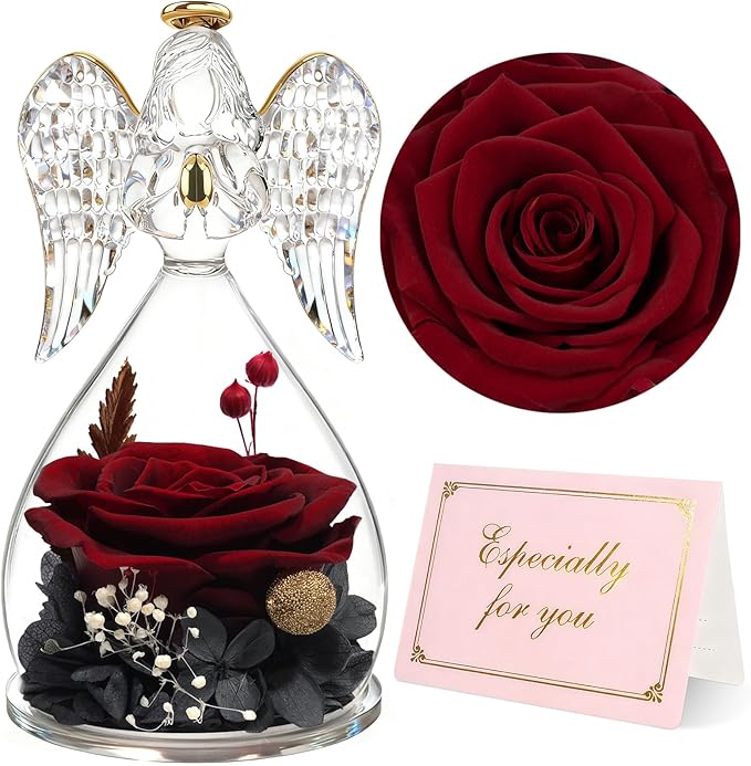 Yamonic Mom Birthday Gifts for Women,Glass Angel Figurines Real Rose Gifts for Grandma,Preserved Roses Forever Flower for Christmas Mothers Day Wife Anniversary Valentine's Day Gifts for Her(WineRed)