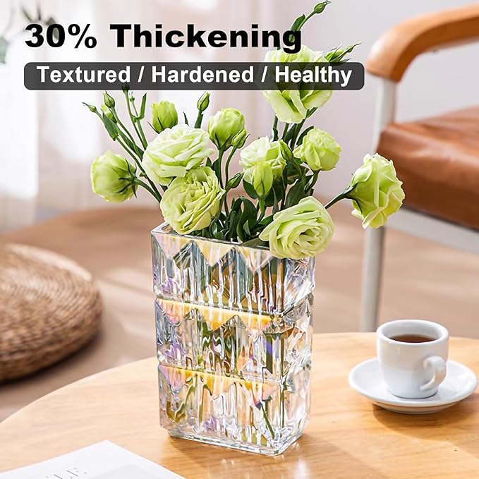 Glass Flower Vase, Clear Crystal Vases for Centerpieces, Heavy Handmade Modern Vases for Decor Home Bedroom Kitchen Office Living Room, 7.88 Inch (Clear Iridescent)