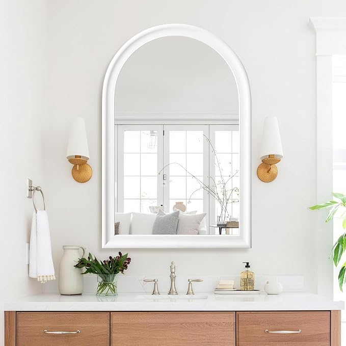 Arched Bathroom Mirror 24x 36 Inch, White Framed Decorative Wall Mount Mirror with Tempered Glass for Entryway, Living Room, Bedroom, Hallway Fireplace Mantel Decor
