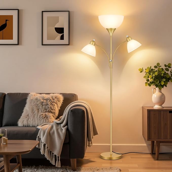 Coucrek Floor Lamp for Living Room,72" Dimmable Torchiere Lamp with 2 Reading Lights for Bedroom, Gold Tall Standing Room Lamp, 3 Bulbs Included