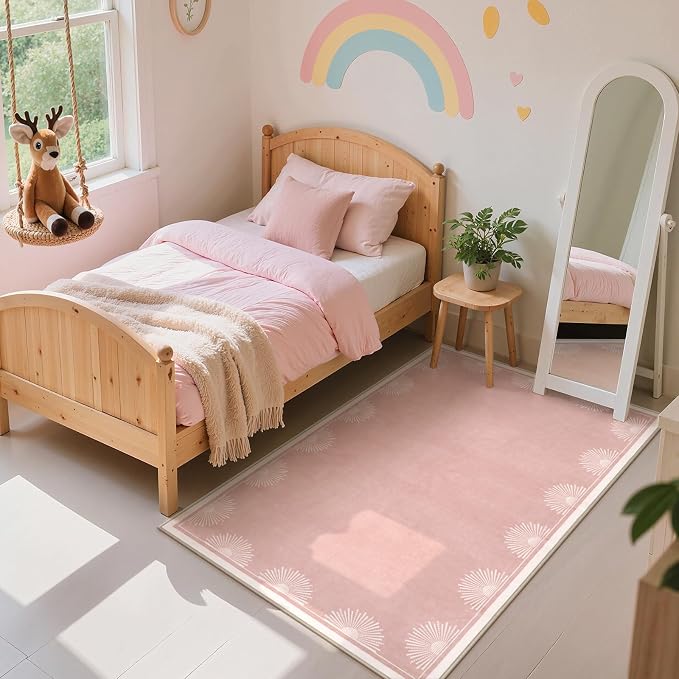 Hedlive Modern 3x5 Pink Rugs for Bedroom Girls,Ultra Thin Nursery Rug for Girls Room, Sun Printed Non Slip Washable Area Rug,Soft Non Shedding Throw Carpet for Playroom Classroom(3'x5',Pink)