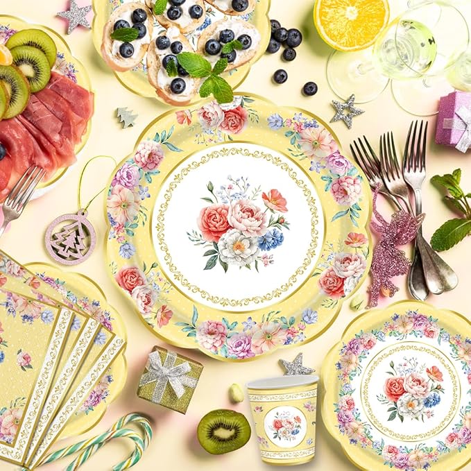 140Pcs Tea Party Decorations Tableware Set Floral Plates and Napkins for Birthday Party, Baby Showers, Bridal Showers, Wedding Bachelorette Party Supplies Floral Tea Party Plates, Serves 20 (Yellow)