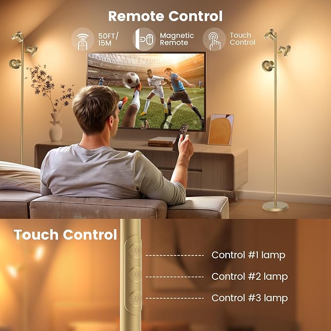 SIBRILLE 36W LED Tree Floor Lamp, Modern Dimmable Standing Lamp with Remote & Touch Control, 4 Color Temperatures, 3 Rotatable LED Light Floor Lamps for Living Room, Bedroom, Office