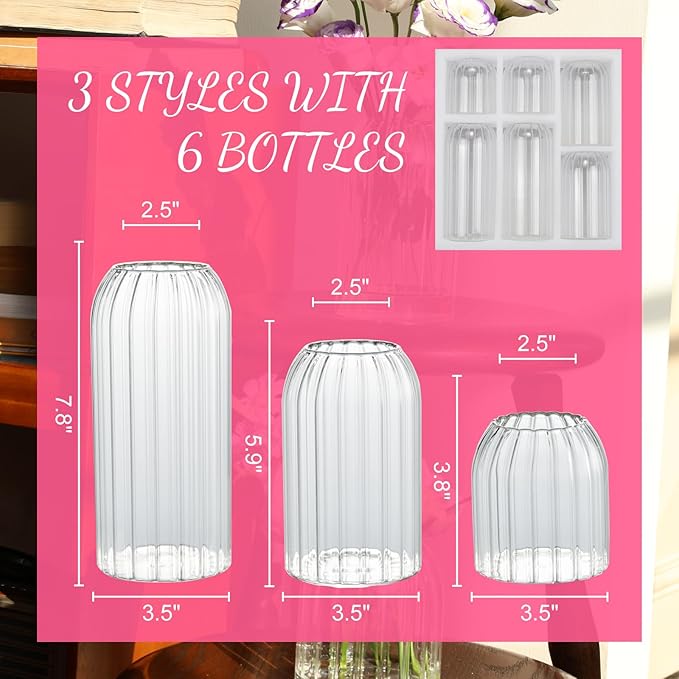 Bud Vases in Bulk Set of 6, Glass Small Vases for Flowers, Modern Cylinder Ribbed Vases for Wedding Centerpiece, Living Room Decorative, Home Decor