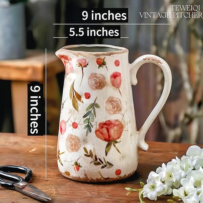 Retro Rustic Large Ceramic Vase with Handle, Distressed Farmhouse Pitcher for Home, Ideal Shelf Decor Floral Vase for Living Room Bedroom Office Table Centerpiece Decorations 9 Inch