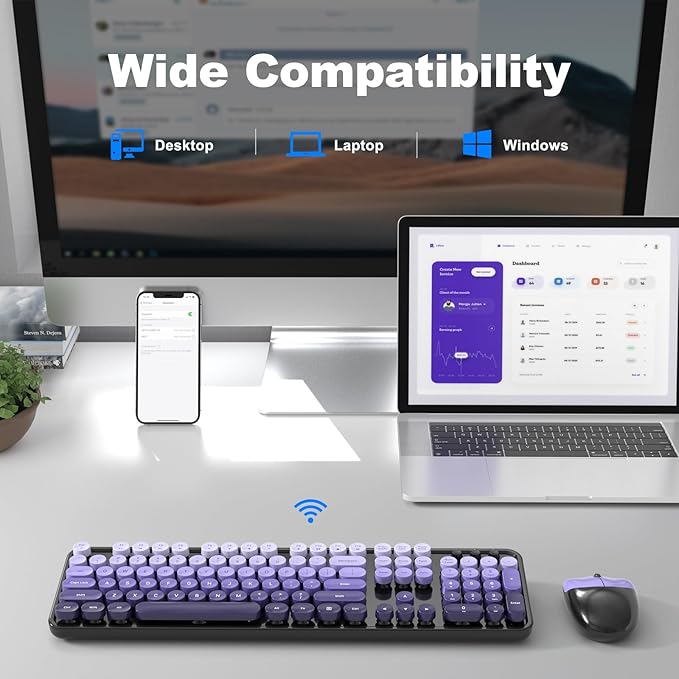 Wireless Keyboard and Mouse Combo, MOWUX Colorful Computer Full Size 2.4G Plug and Play Wireless Typewriter Keyboard and Mouse Set for Computer, Desktop, PC (Black& Purple Gradient)