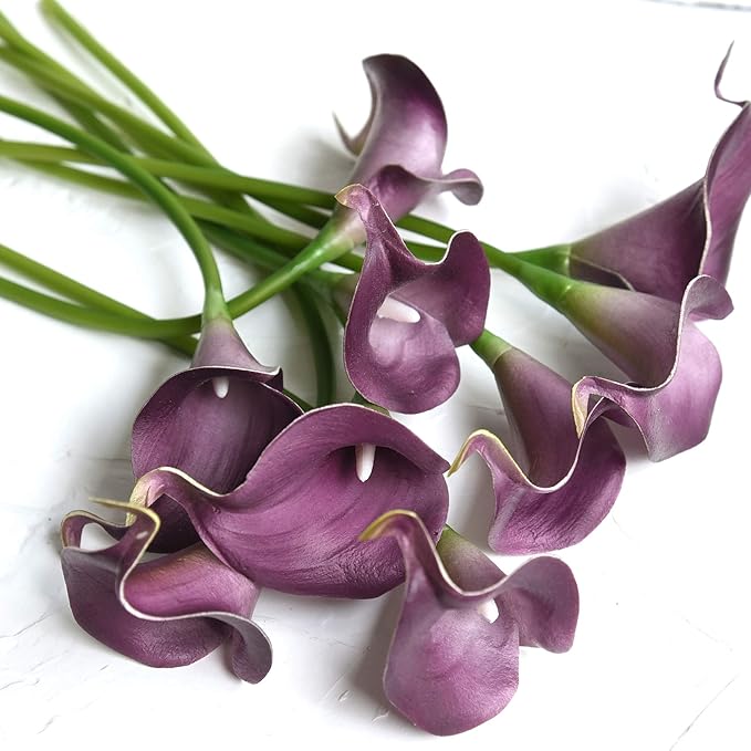 FiveSeasonStuff Real Touch Calla Lily Artificial Flowers Wedding Bridal Bouquet | Floral Arrangements | 15 Calla Lilies (Plum Purple)