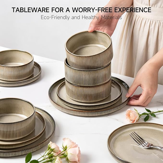 MONITO Ceramic Dinnerware Sets for 6, 18PCS Stoneware Plates and Bowls Sets, Reactive Glaze Dish Set, Chip and Scratch Resistant Double, Microwave and Dishwasher Safe, Brown