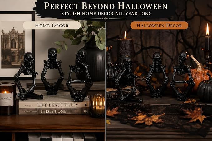 Black Skeleton Decor Set of 3, Thinker Skeleton Figurines for Home Decor, Gothic Shelf Decor Aesthetic, Resin Halloween Decorations for Bookshelf, Desk, Coffee Table
