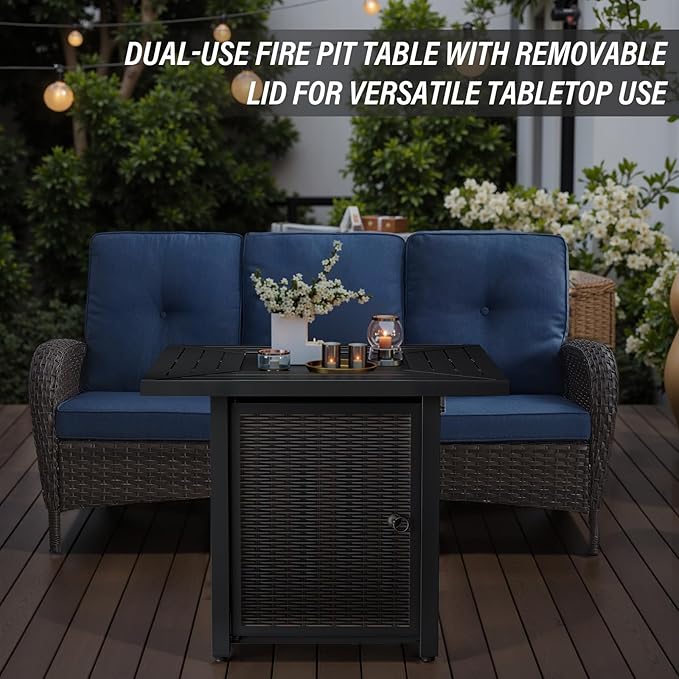 Belord 30 Inch CSA Listed Propane Fire Pit Table - 50000 BTU Square Outdoor Fire Pit Table with Lid and Lava Rock for Patio Backyard Deck and Outdoor Gatherings