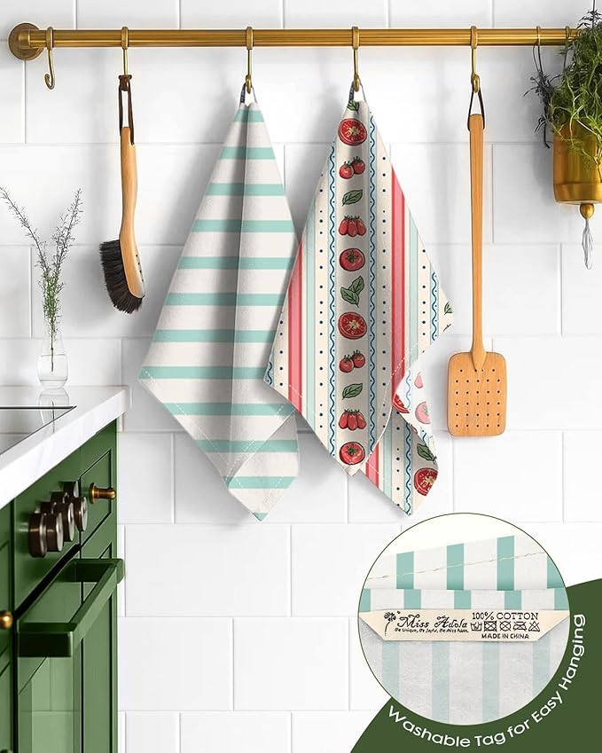 Miss Adola 2 Pack Flour Sack Kitchen Towels - 16x26 Inch Cotton Dish Towels with Hanging Loop Reusable Geometric Boho Modern Retro Tea Towel Absorbent Dishcloths Home Decor, Stripe Fruit