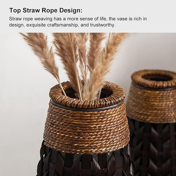 28.9''H Rustic Tall Woven Bamboo & Rattan Floor Vase – Decorative Standing Accent Vase for Dried or Silk Flowers, Farmhouse & Boho Home Decor for Living Room or Entryway (Black & Brown, Large)