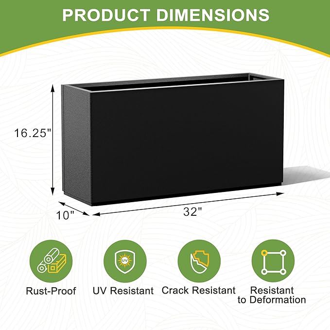Metal Planter Box Rectangular Planter Box with Drainage Hole, Outdoor Large Planters, All-Weather Use, Rust-Resistance, for Flowers Plants, 32" L × 10" W × 16.3" H, Black