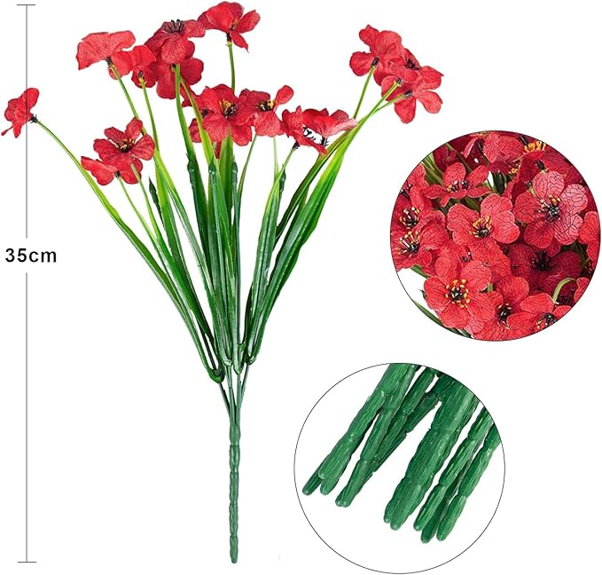 Ouddy Decor 12 Bundles Artificial Flowers for Decorations Fake Silk Plants for Outdoors UV Resistant Faux Plastic Greenery Stems for Garden Porch Window Box Home Spring Decor, Red