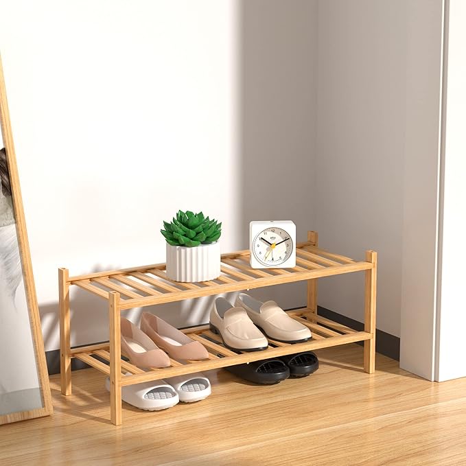 RONGJlA 2 Tier Bamboo Shoe Rack for Closet Free Standing Wood Shoe Shelf Storage Organizer for Entryway Small Space Stackable, Natural
