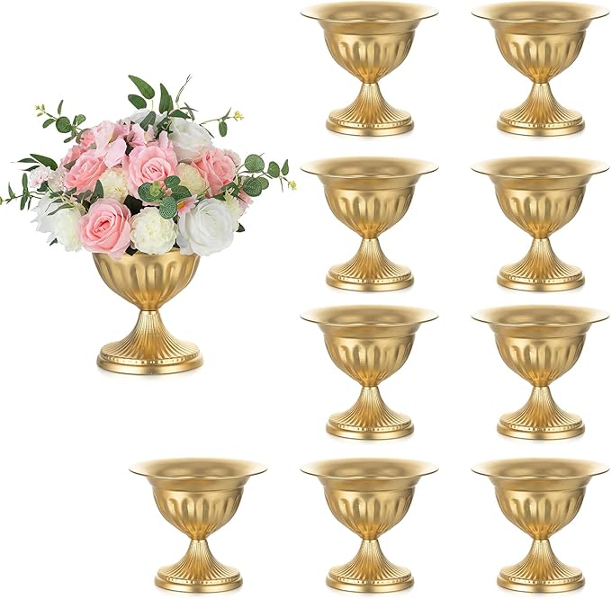 Sziqiqi Gold Vases for Wedding Centerpieces: 8.6in Big Metal Urn Vases Set of 10 Flower Arrangements for Flower Compote Vase for Wedding Decorations Table Pedestal Bowl Vase for Party