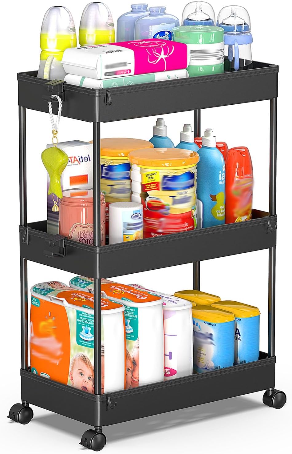 SPACEKEEPER Rolling Storage Cart - 3-Tier Bathroom Organizer with Wheels | Multi-Functional Utility Cart in Black