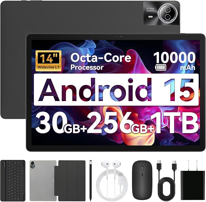 URAO Tablet｜14 inch Android 15 Tablet｜30GB RAM 256GB ROM｜1920 * 1200 IPS FHD｜10000mAh 30W Fast Charging｜Octa-core Processor｜Wi-Fi 6, BT 5.4｜Dual Camera with Keyboard｜Mouse｜Stylus｜Case｜Headphone