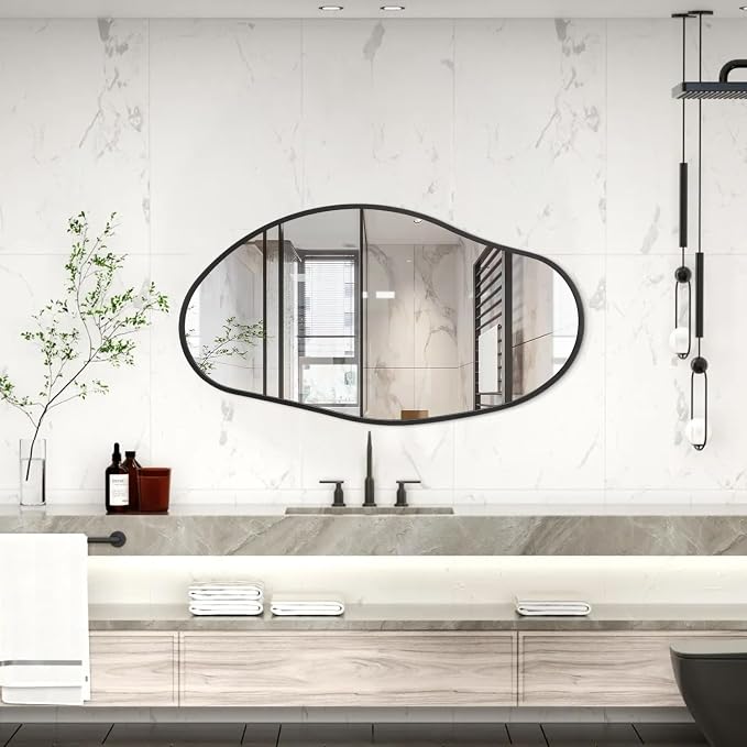 Irregular Wall Mirror, Black Wall Mirrors Decorative 30"x18" Asymmetrical Bathroom Mirrors Aluminum Alloy Frame for Bedroom, Living Room, Cloakroom, Entryway Large