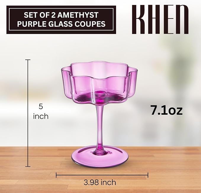 Khen Flower Vintage Wavy Glass Coupes Martini, Champagne & Cocktail Coupes - Set of 2-7oz Colorful Cocktail Glasses & Champagne, Prosecco, Mimosa Glassware Copyright Design - Amethyst Purple
