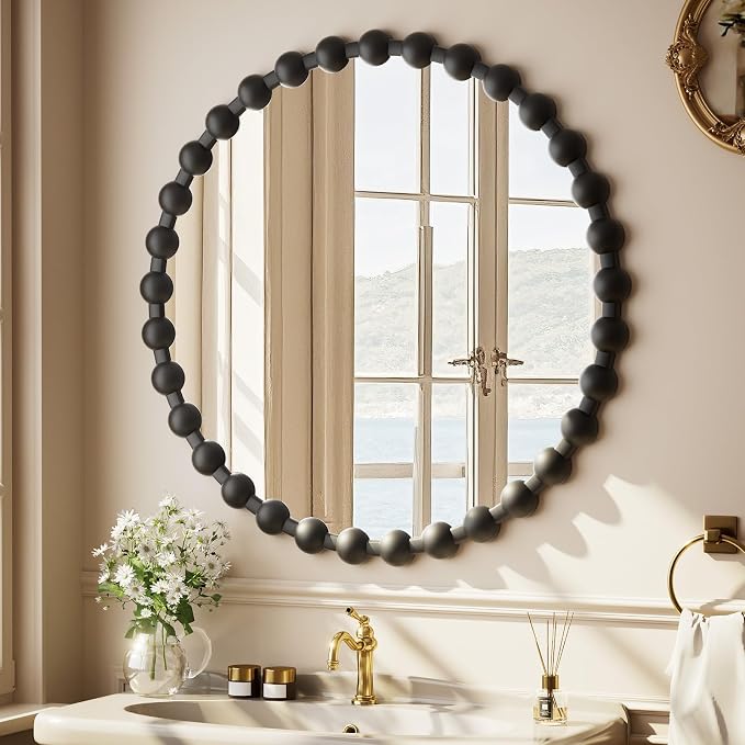 Easly Round Mirror for Wall, 28 Inch Black Beaded Frame Decorative Vanity Mirror, Circle Bathroom Mirror with High-Definition Lense, Modern Wall Decor for Bathroom, Living Room, Bedroom, Entryway