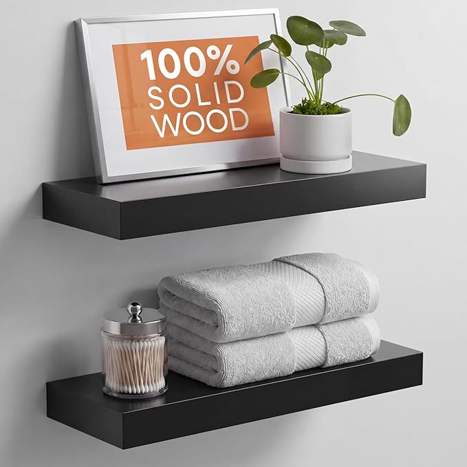 Homeforia Black Floating Shelf 18 inch, High End Solid Real Wood 18inch Bathroom Floating Shelves for Wall Mounted, Black Wooden 18in Floating Shelves, Heavy Duty Bracket, 18 X 6.5 X 1.75 in, Set of 3