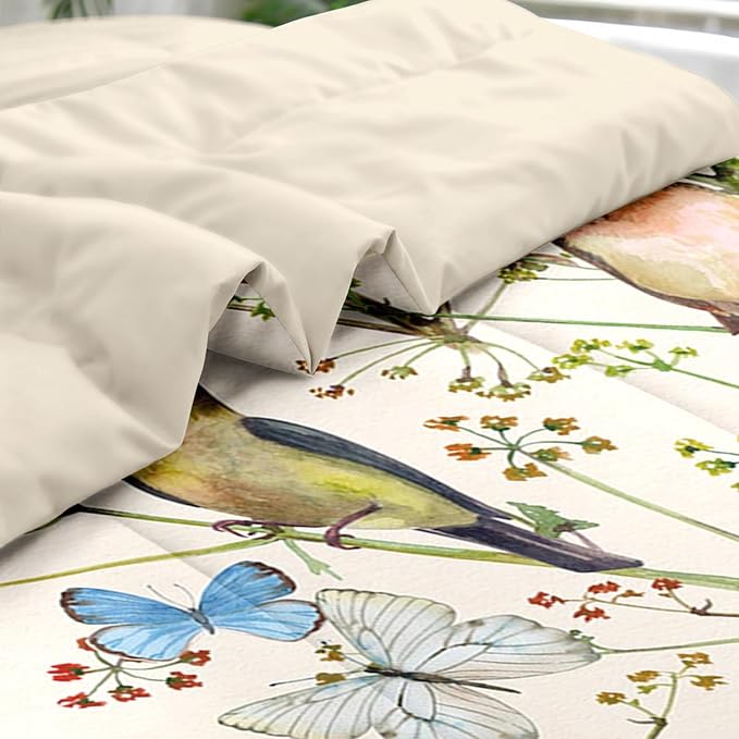 Comforter Set Queen Size, Vintage Birds Butterfly Colorful 7 Pcs Bedding for Kids and Adults, Floral Spring Beige Bed Sheet Sets with Fitted Sheet 2 Pillowcase & 2 Sham for Bedroom Bed Decor