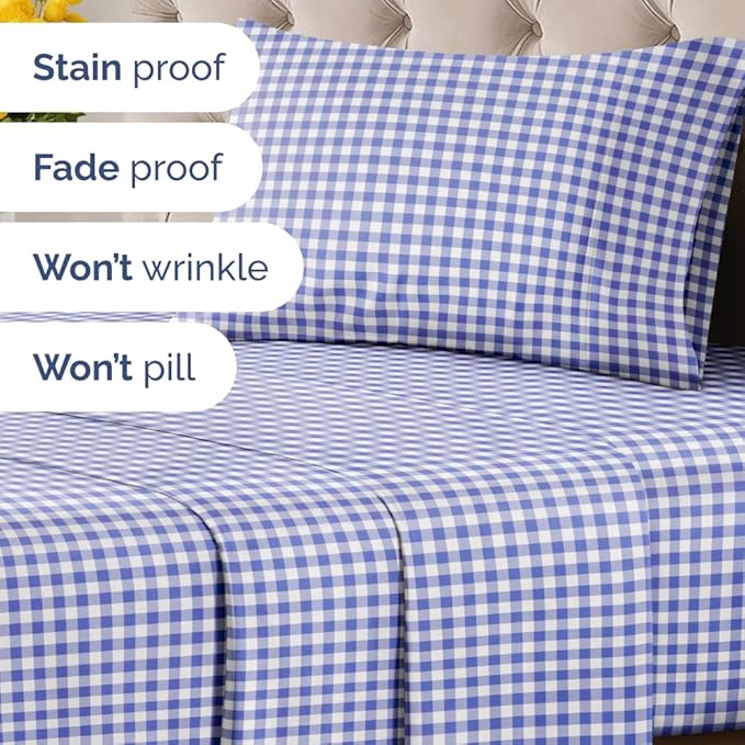 Blue Gingham Sheets - 1 Flat & 1 Fitted Sheet & 1 Pillowcase w/ Deep Pockets - Grid, Plaid, Checkered Pattern Bed Set - Comfy, Wrinkle & Fade Resistant - Ultra-Soft, Breathable & Cooling - Twin Size