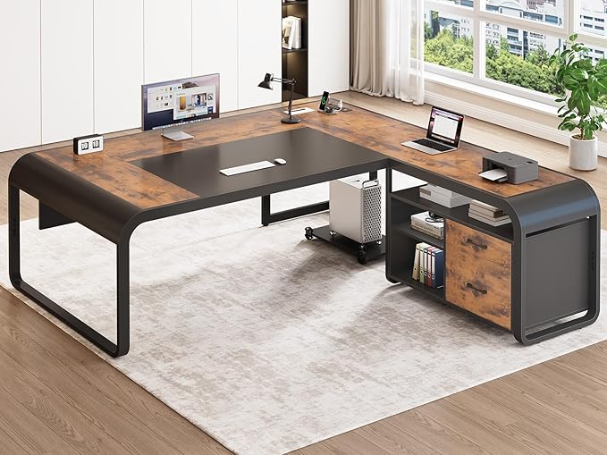 SEDETA 63 Inch Executive Desk, Large Office Desk with File Drawer, L Shaped Desk with Drawers, Computer Desk with Mobile CPU Stand, Storage Shelves, Power Outlets for Home Office, Rustic Brown
