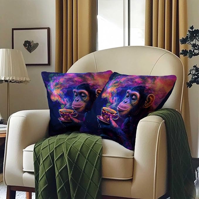 Trippy Monkey Throw Pillow Covers Set of 2 | Hippie Decorative Square Cushion Cases for Sofa, Bed and Living Room | 18x18 Inches | Fun Pillowcases for Home Decor
