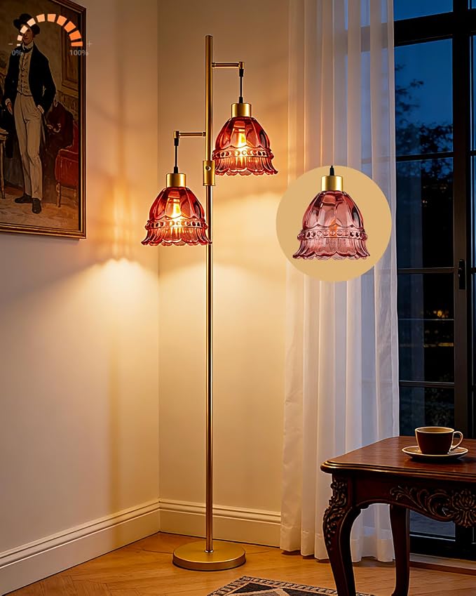 Lightdot 65IN Glass Floor Lamp for Living Room, 2- Light Gold Flower Floor Lamps with Rose Red Glass Lampshade,3000K Warm White Modern Standing Tall Lamp with 5Lbs Heavy Base for Bedroom Corner