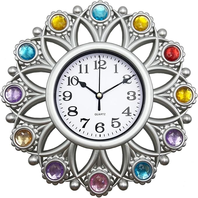 Silver Sunflower 10 Inch Small Analog Wall Clock Battery Operated, Boho Decorative Wall Clock for Kitchen, Home Kitchen, Living Room, Bathroom