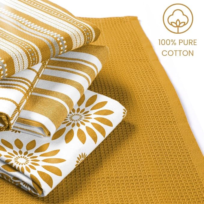 Assorted Kitchen Towels Large 16x26 inches 100% Cotton Set of 5 - Soft Absorbent Washable Tea Towel for Kitchen - Dish Cloths with Hanging Loop - Quick Drying Towels Yellow Mustard